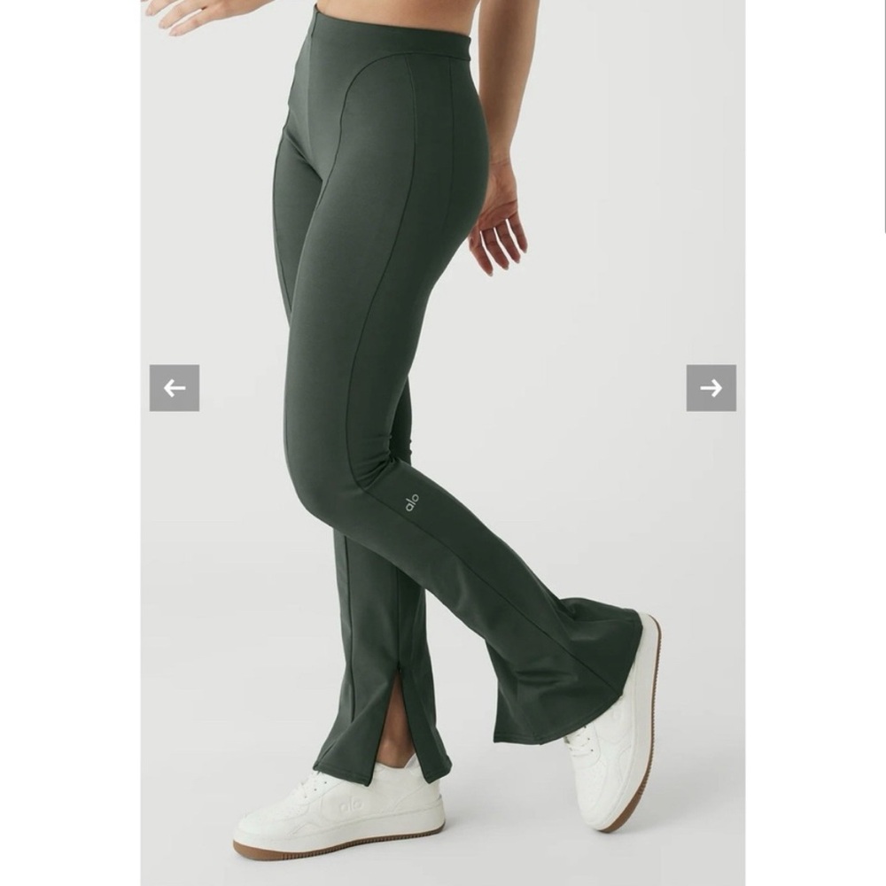 Alo‎ Yoga High-Waist Zip it Flare Legging in Dark Cactus Green.
